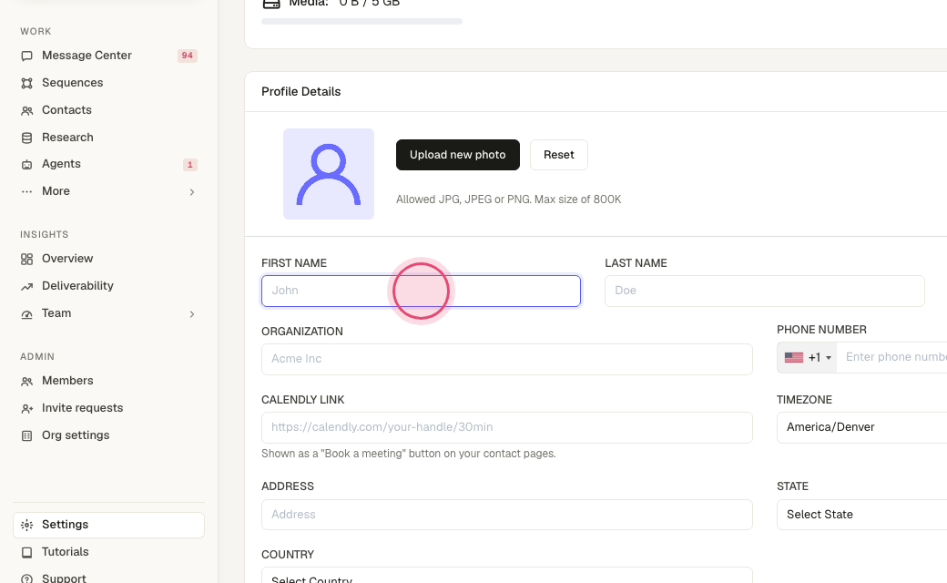 Step 2: Fill in your name, organization, phone and Calendly link — merge fields and signatures use these.