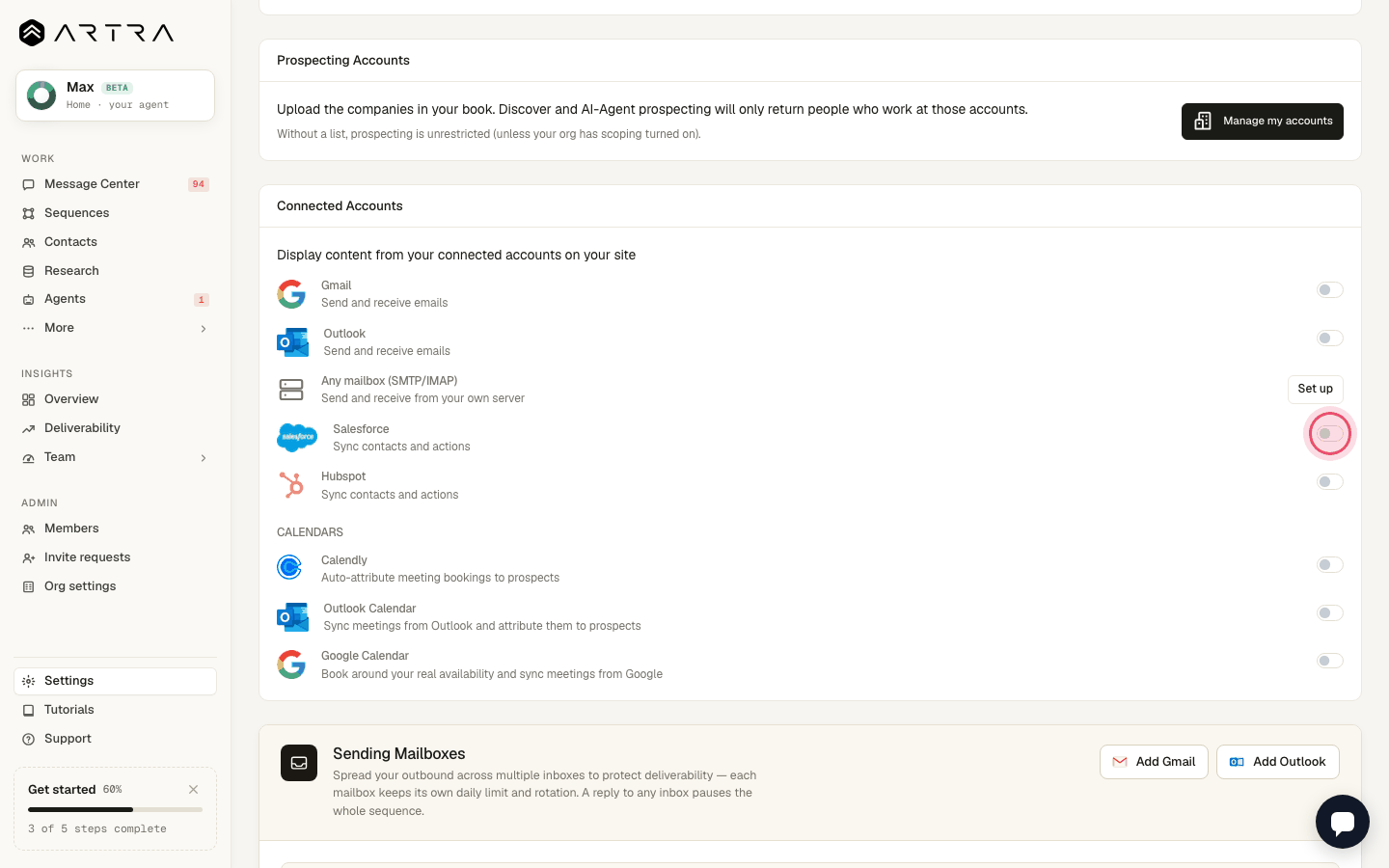 Step 5: Under Connected accounts, flip on Salesforce or HubSpot for two-way CRM sync, and Calendly / Google / Outlook for calendars.