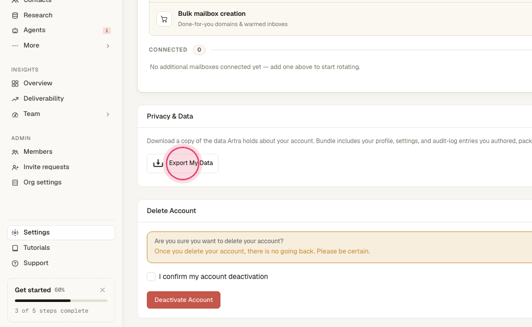 Step 6: "Export My Data" downloads everything Artra holds about you.