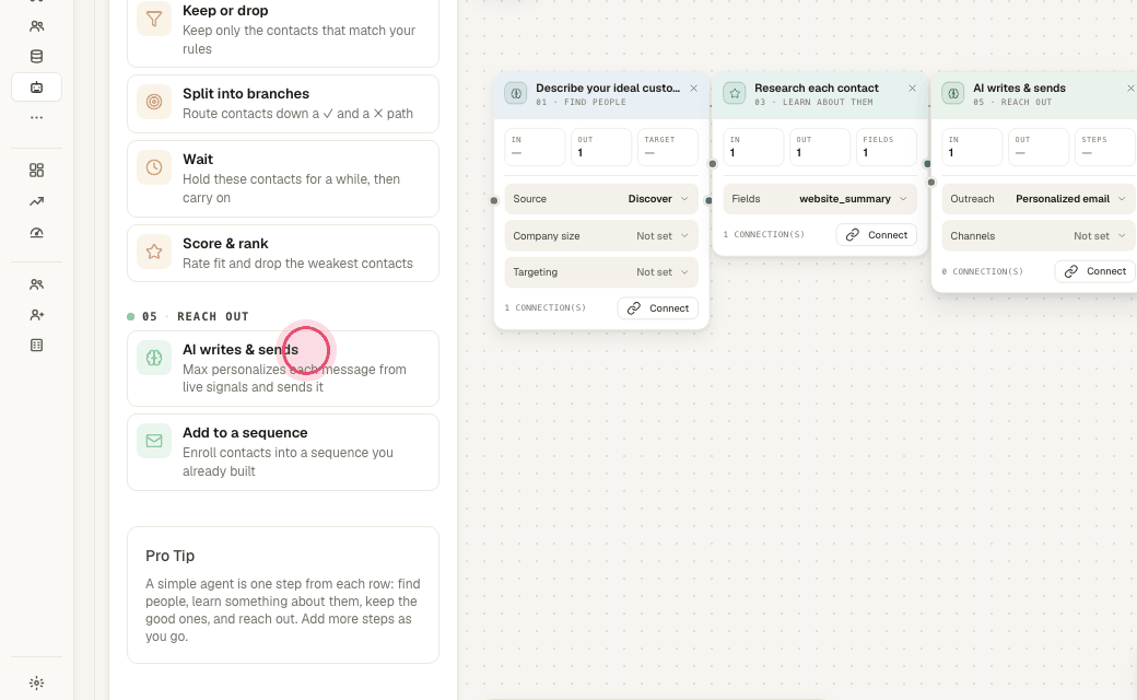 Step 3: "AI writes & sends": Max personalizes a message per contact from live signals and sends it.