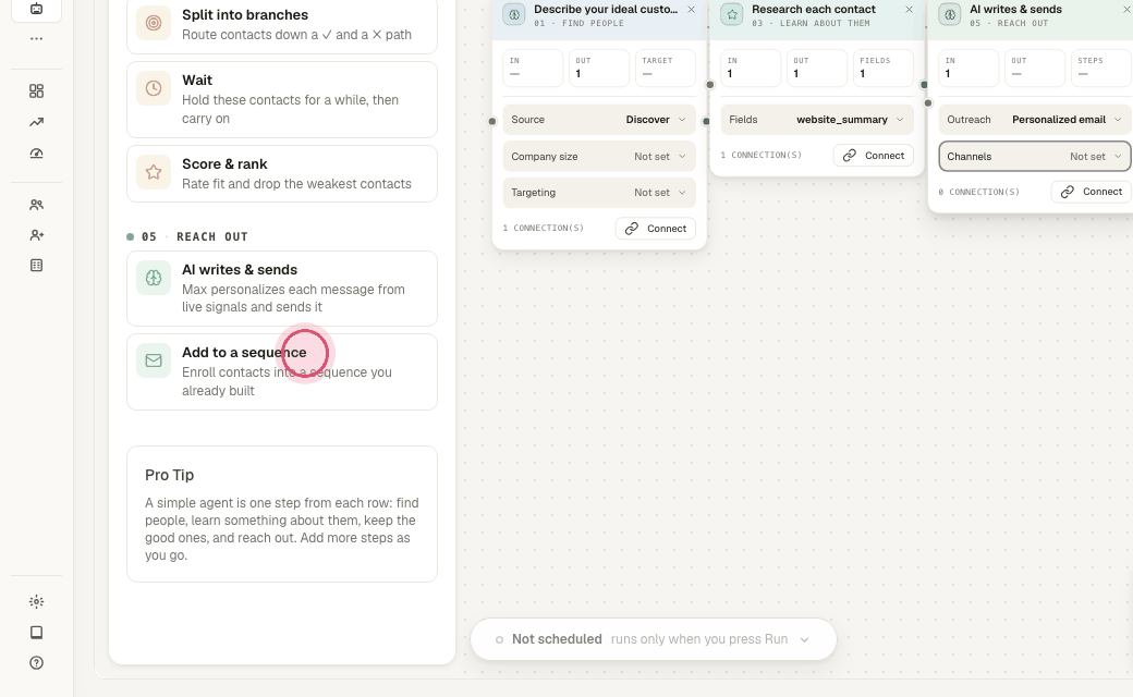 Step 6: "Add to a sequence" hands contacts to a cadence you built, with calls and texts in it.
