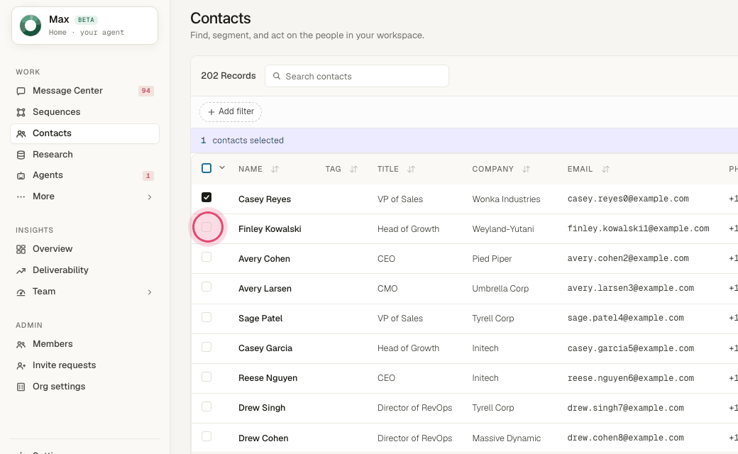 Step 3: Select as many as you like — the count appears above the table.