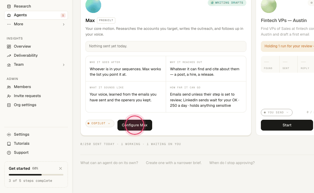 Step 4: Click "Configure Max" to edit the prebuilt agent's targeting, voice and limits.