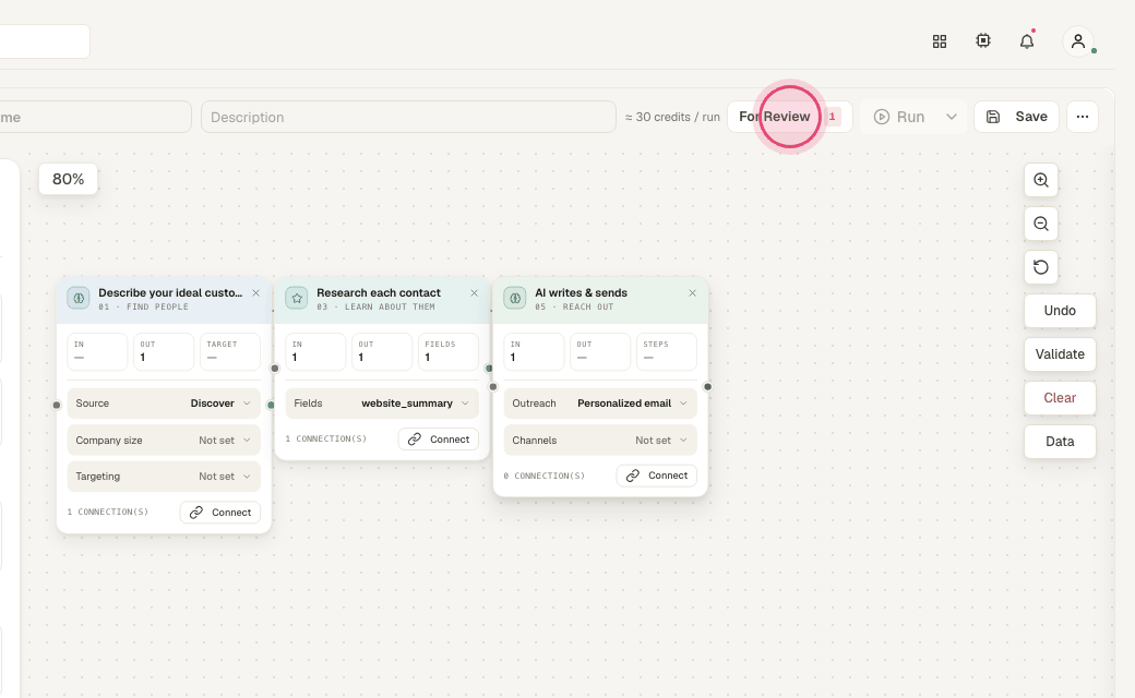 Step 6: "For Review" lists the drafts and actions from past runs that are waiting for your approval.
