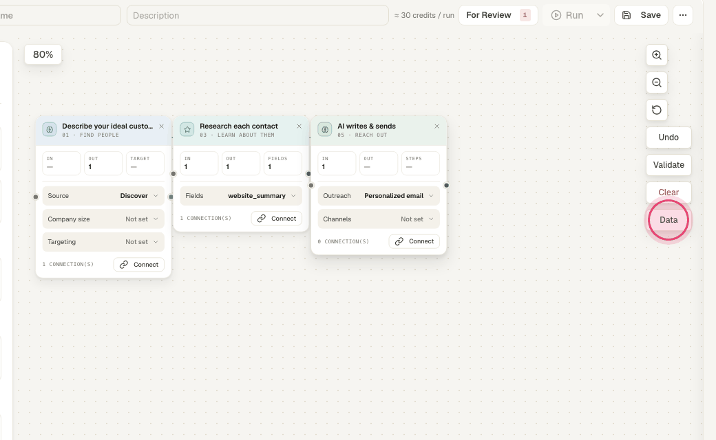 Step 7: "Data" shows the contacts and columns the last run produced.