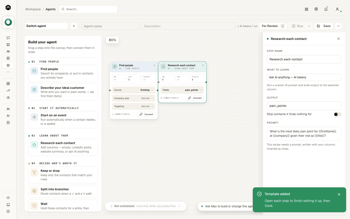 Step 5: Choose the columns to add — emails, LinkedIn posts, website summary, or a question for the AI to answer per contact.