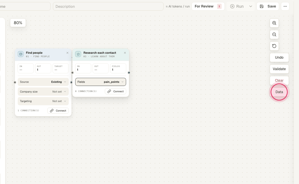Step 7: "Data" shows the rows the agent produced on its last run.