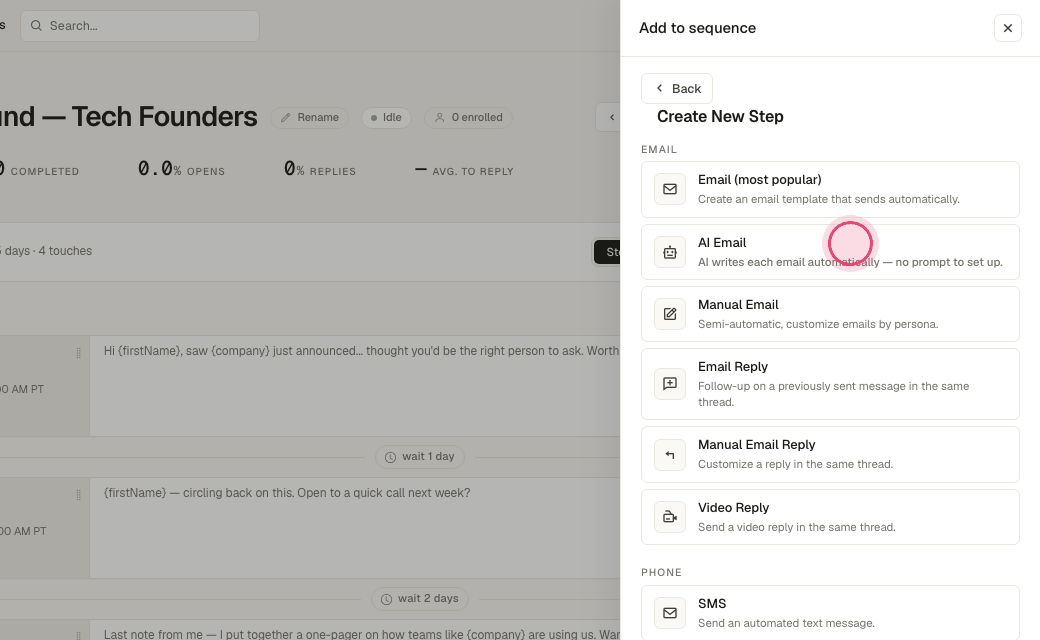 Step 3: Click "AI Email". There is nothing to write: Artra uses your AI Setup (value prop, writing rules, strategies) and what it knows about each person.