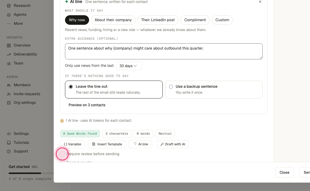 Step 7: Tick "Require review before sending" while you tune it; you see every generation before it goes.