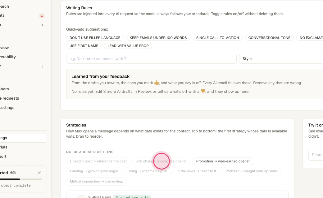 Step 8: "Strategies" map a signal (job change, funding, a LinkedIn post) to the opener Artra writes. Turn on the ones that fit your motion.