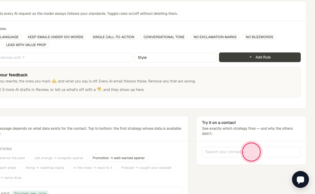 Step 9: "Try it on a contact" — search a contact and compose a preview opener to see your setup in action.