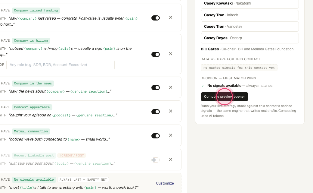 Step 10: Click "Compose preview opener". Thumbs up or down on the result teaches your voice profile.