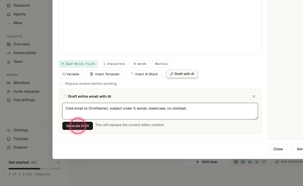 Step 7: Click "Generate Draft". The subject is written with the body.