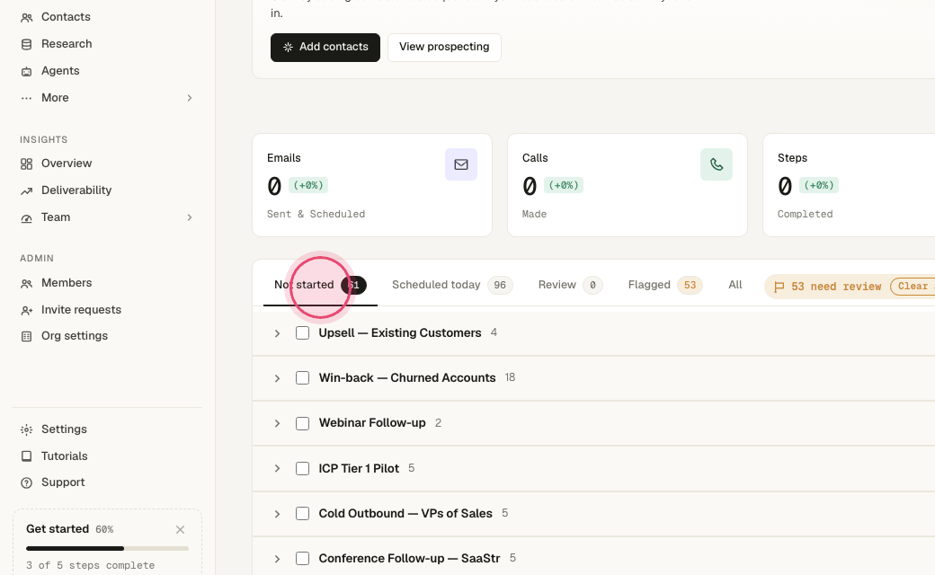 Step 2: Use the tabs: "Not started" (enrolled, waiting for you to start them), "Scheduled today", "Review" (AI drafts needing a look), "Flagged" and "All".