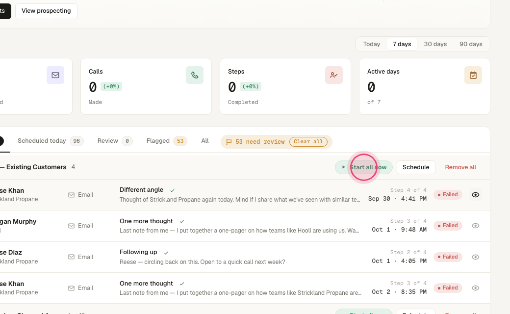 Step 6: Click "Start all now" to send a sequence's queued messages immediately (paced by your daily limits).