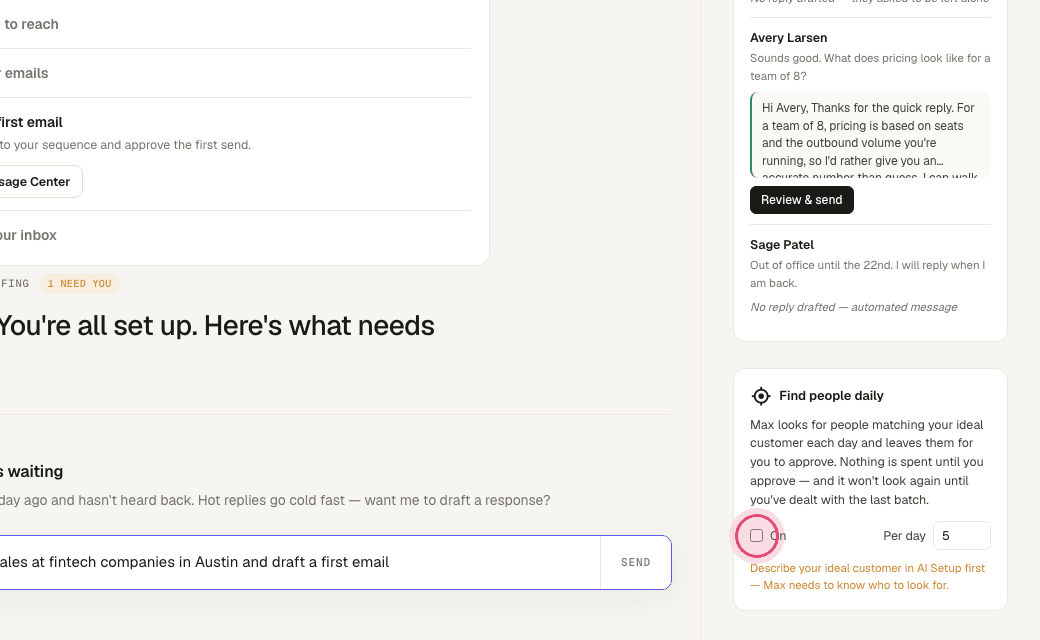 Step 4: Turn on "Find people daily" to have Max look for new matches every day and leave them for you to approve.