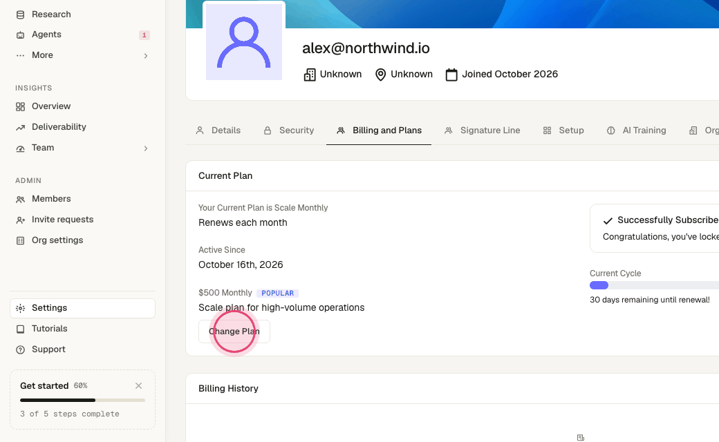 Step 4: Click "Change Plan" to upgrade or downgrade. Changes take effect immediately and are prorated.