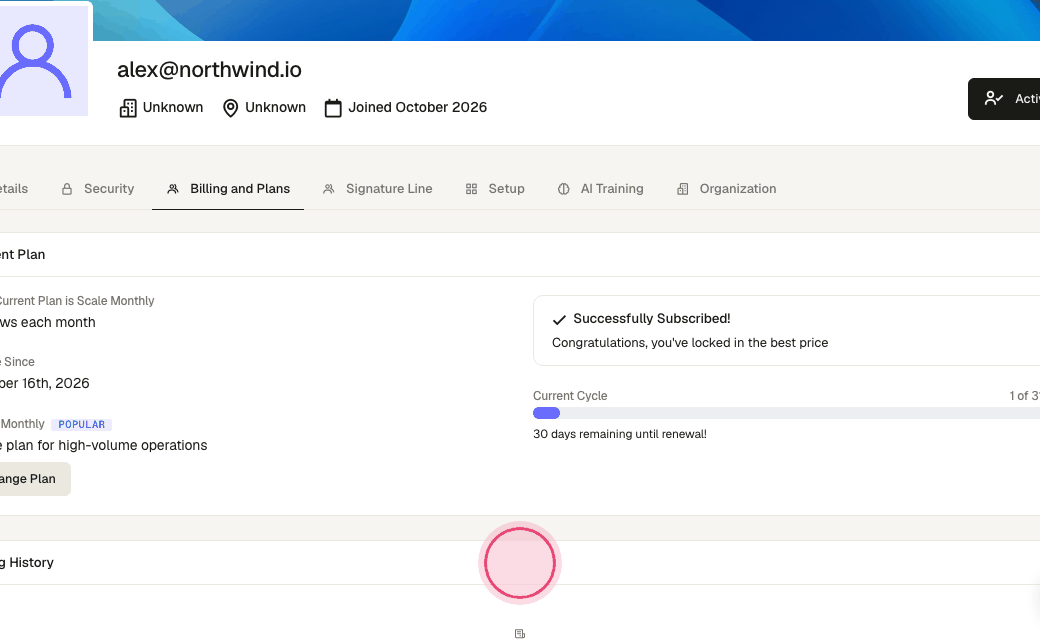 Step 6: "Billing History" lists every invoice; "Manage Subscription" opens the Stripe portal for cards and receipts.