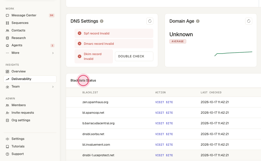 Step 3: The Deliverability dashboard keeps the same table with the last checked time.