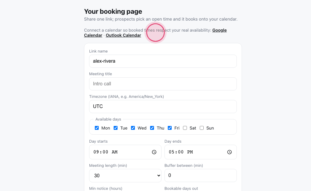 Step 2: Connect Google or Outlook Calendar so busy times are respected.