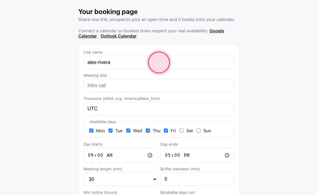 Step 3: Choose the link slug — your page lives at /book/<slug>.