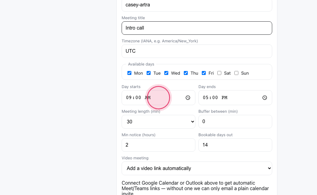 Step 5: Set the days and hours you take meetings.