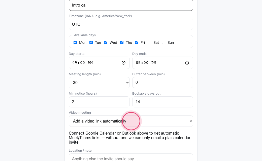 Step 7: Choose whether a video link is added automatically.