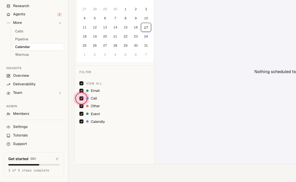 Step 2: Use the checkboxes on the left to show or hide emails, calls, tasks, events and bookings.