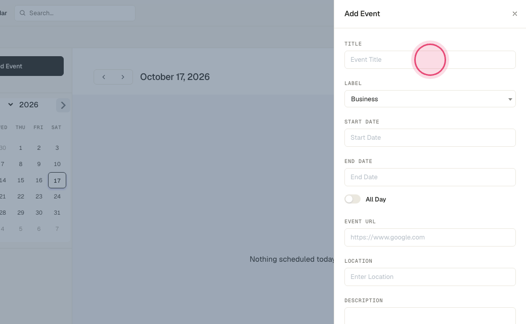 Step 5: Type a title, pick start and end, and add a link or location.