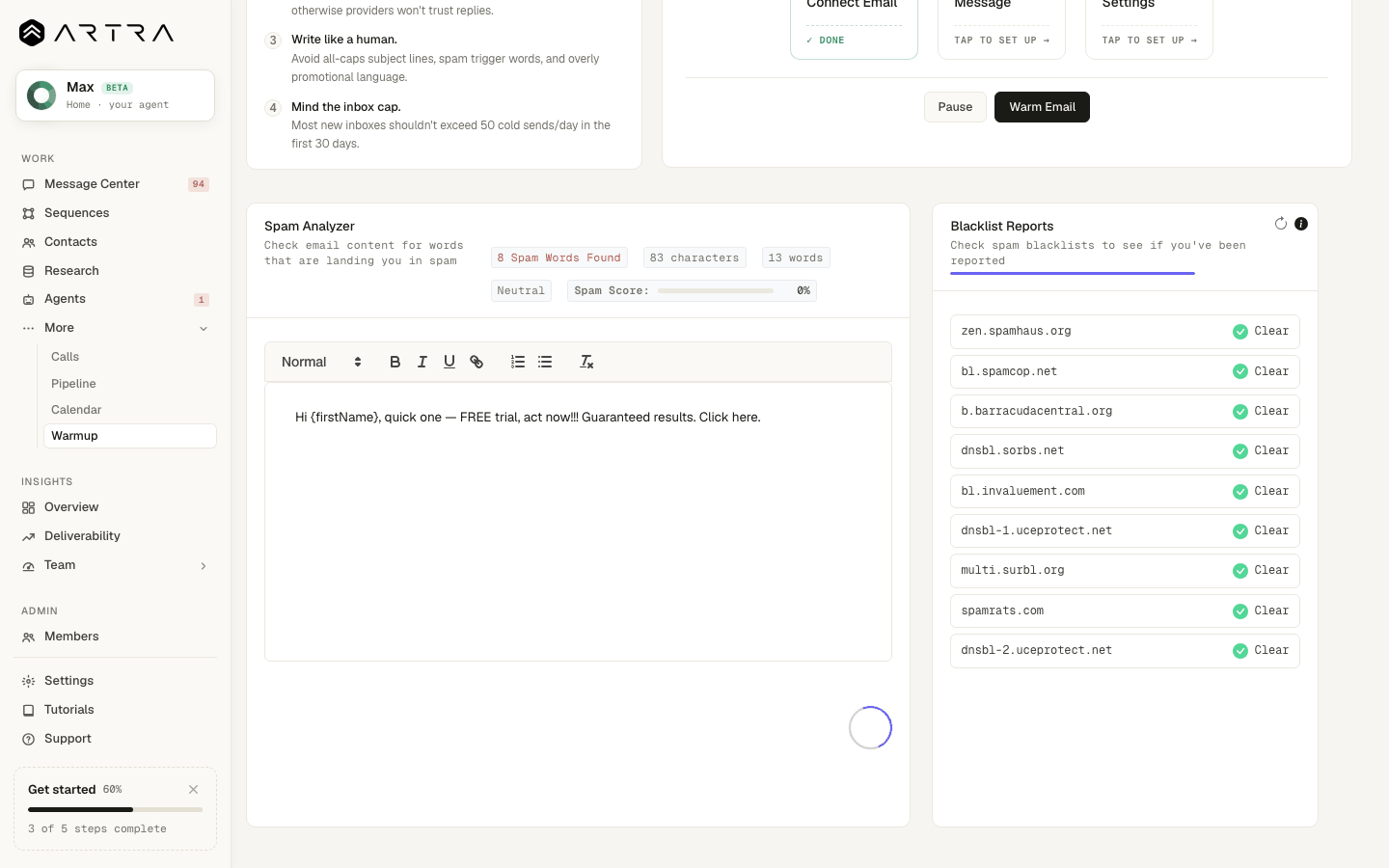 Step 3: The analysis opens with a spam score out of 100 and the reasons; click "Next" to step through each flagged item. Rewrite until the score is low.