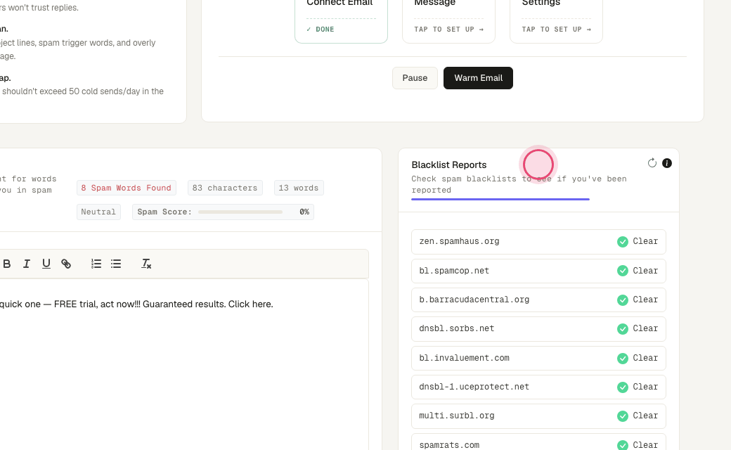 Step 4: "Blacklist Reports" on the right checks your sending domain against public blacklists. Click the refresh icon to re-check.