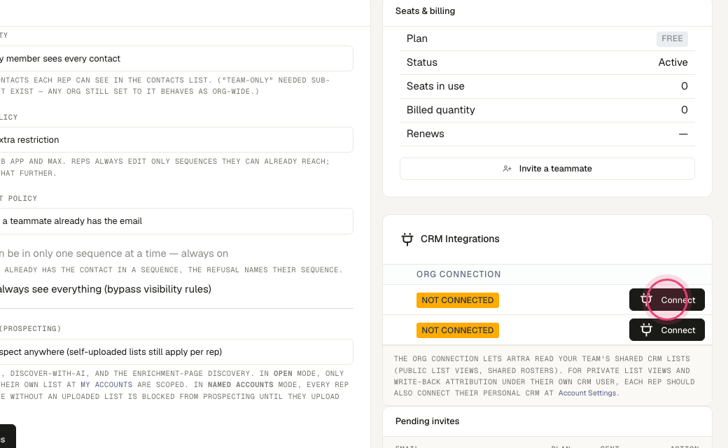 Step 6: Admins can connect once for the whole org under Org settings → CRM Integrations, so every rep syncs without their own login.