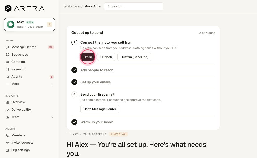 Step 2: Click "Gmail" to connect a Google Workspace or Gmail inbox. You will be asked to sign in with Google.