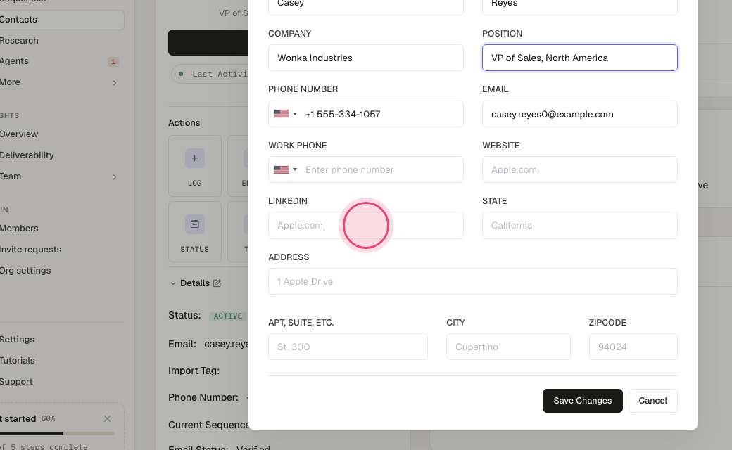 Step 4: Add the LinkedIn URL and website so research and LinkedIn steps can use them.