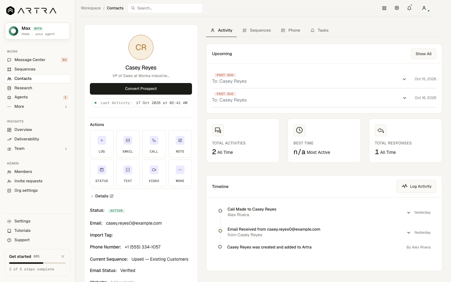 Step 2: The profile opens. Actions on the left; activity timeline and upcoming steps on the right.