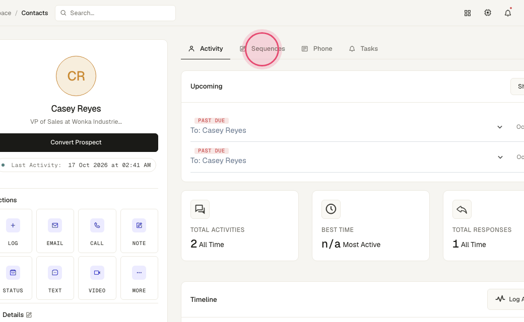 Step 4: Click "Sequences" to see which sequences this person is in and what step they are on.