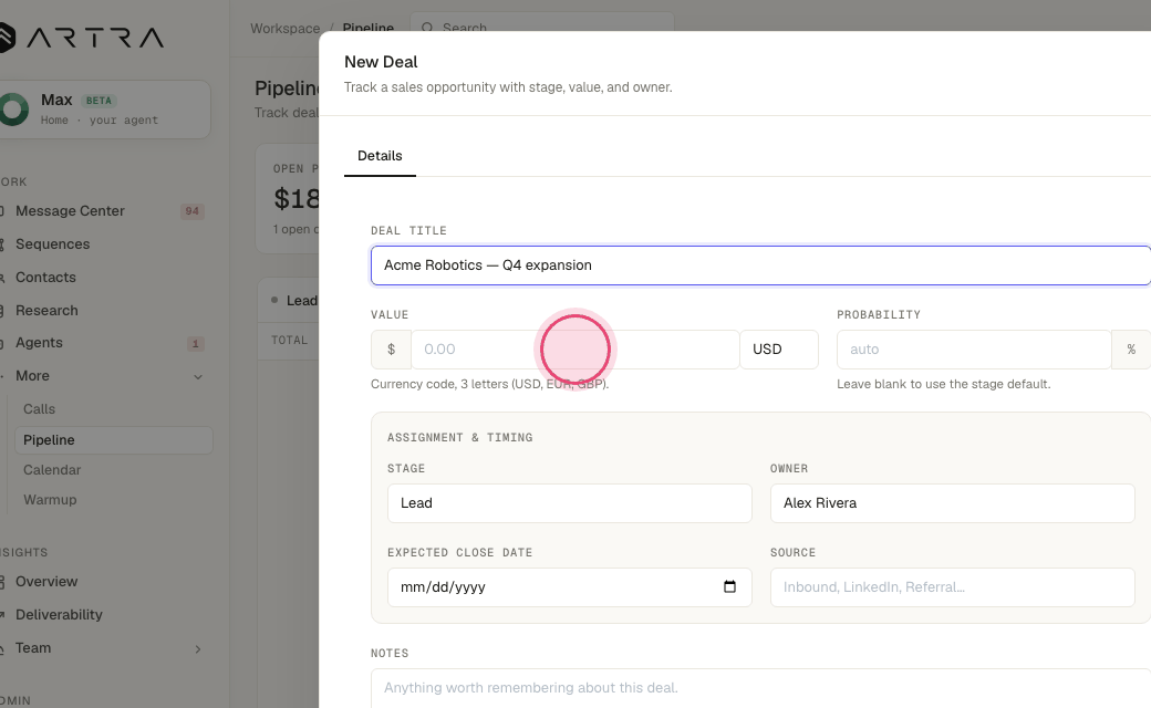 Step 4: Enter the value. Probability fills in from the stage unless you override it.
