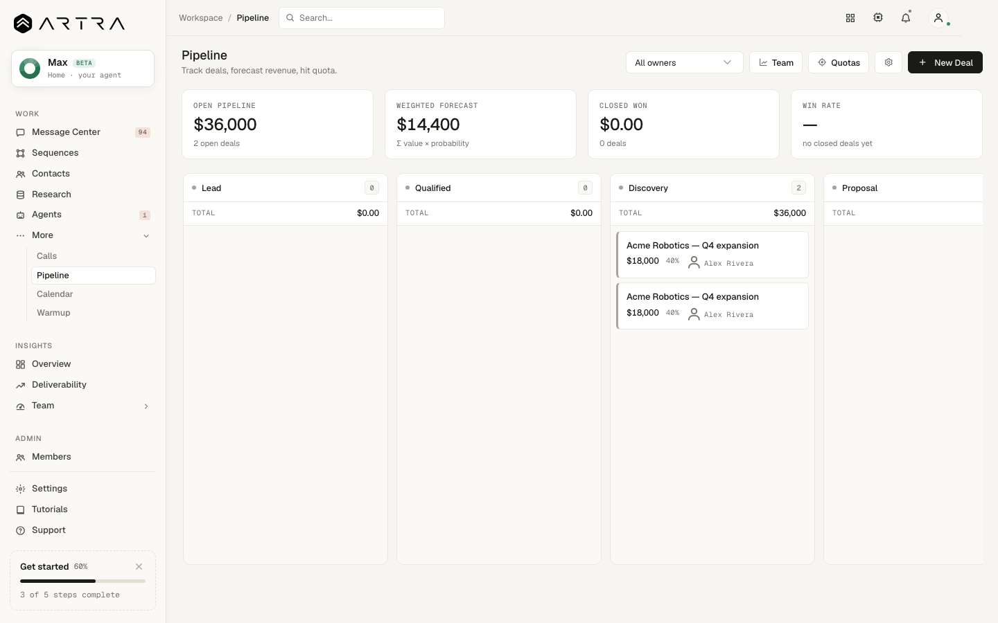 Step 8: The deal appears in its stage column. Drag it to another column as it progresses.