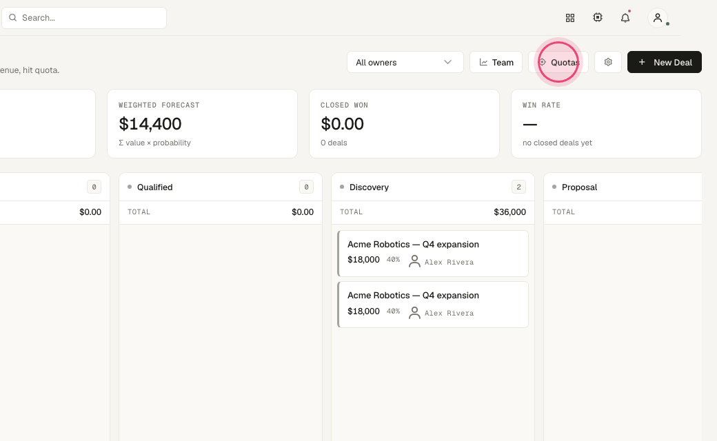 Step 10: Click "Quotas" to set targets per rep; the Team → Forecast page tracks attainment.