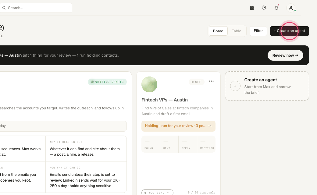 Step 2: Click "Create an agent".