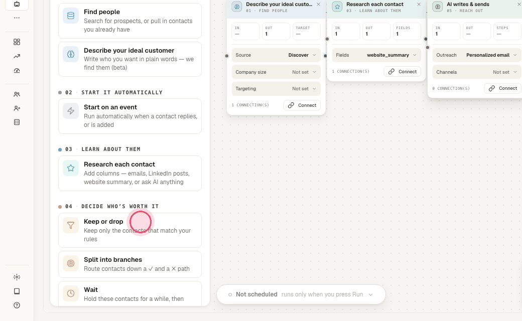 Step 3: "Keep or drop" keeps contacts that match rules you write: title contains, company size, country.