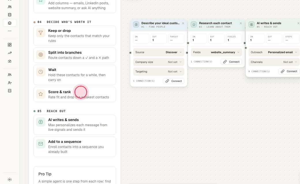 Step 4: "Score & rank" rates fit 0 to 100 against your ideal customer and drops the weakest.