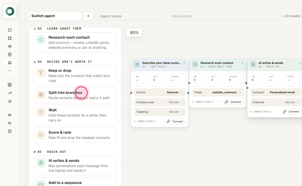 Step 5: "Split into branches" sends matches down a ✓ path and the rest down a ✗ path, so each can get different outreach.