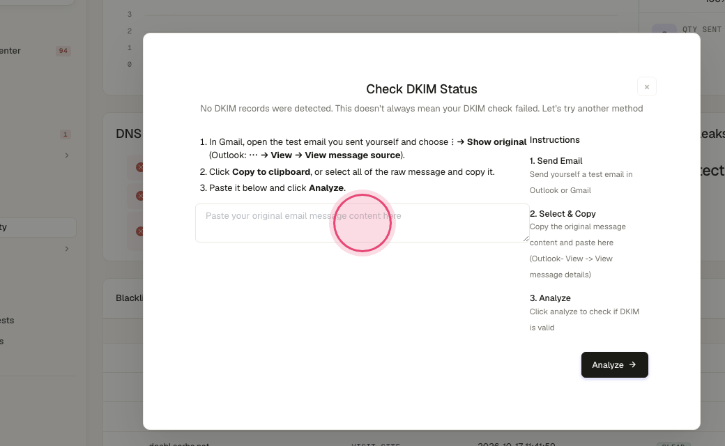 Step 6: Send yourself a test, open it, choose Show original, paste the source here and click Analyze.