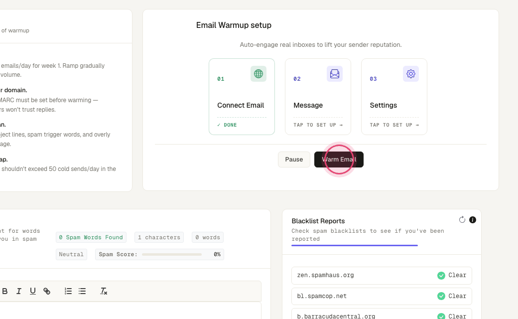 Step 3: For a young domain, run warmup before cold sends.