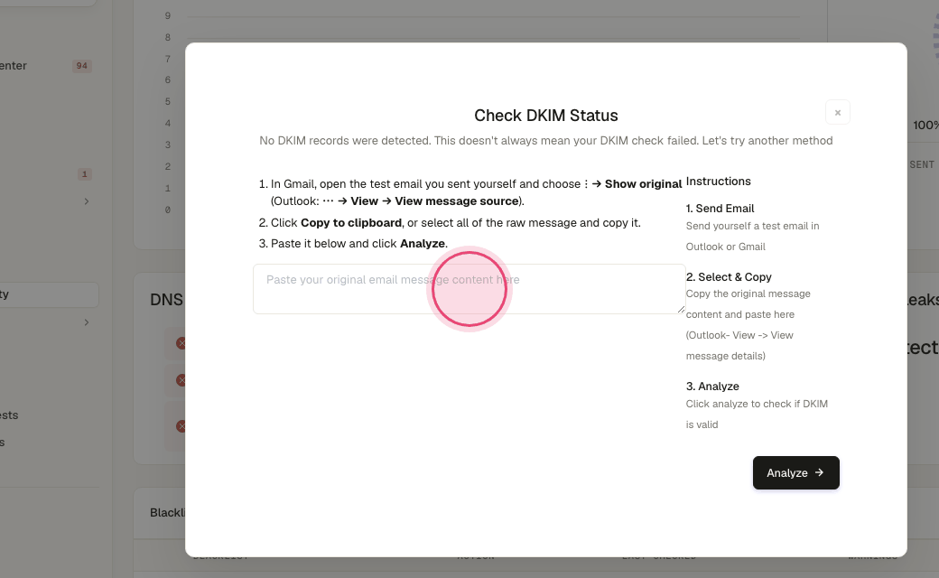 Step 7: Send yourself a test email, open it, choose Show original, paste the source here and click Analyze.