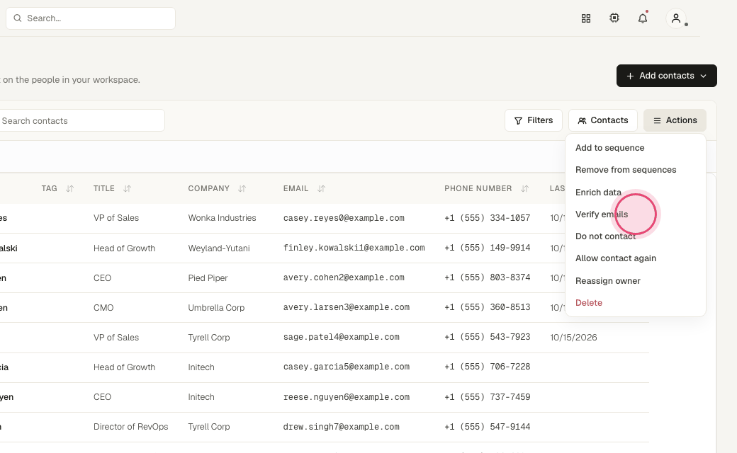 Step 5: "Verify emails" marks bad addresses so they are skipped.