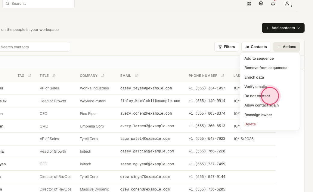 Step 6: "Do not contact" stops all outreach without deleting history.