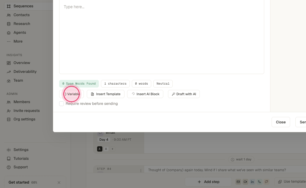 Step 4: Click "{ } Variable" in the editor.