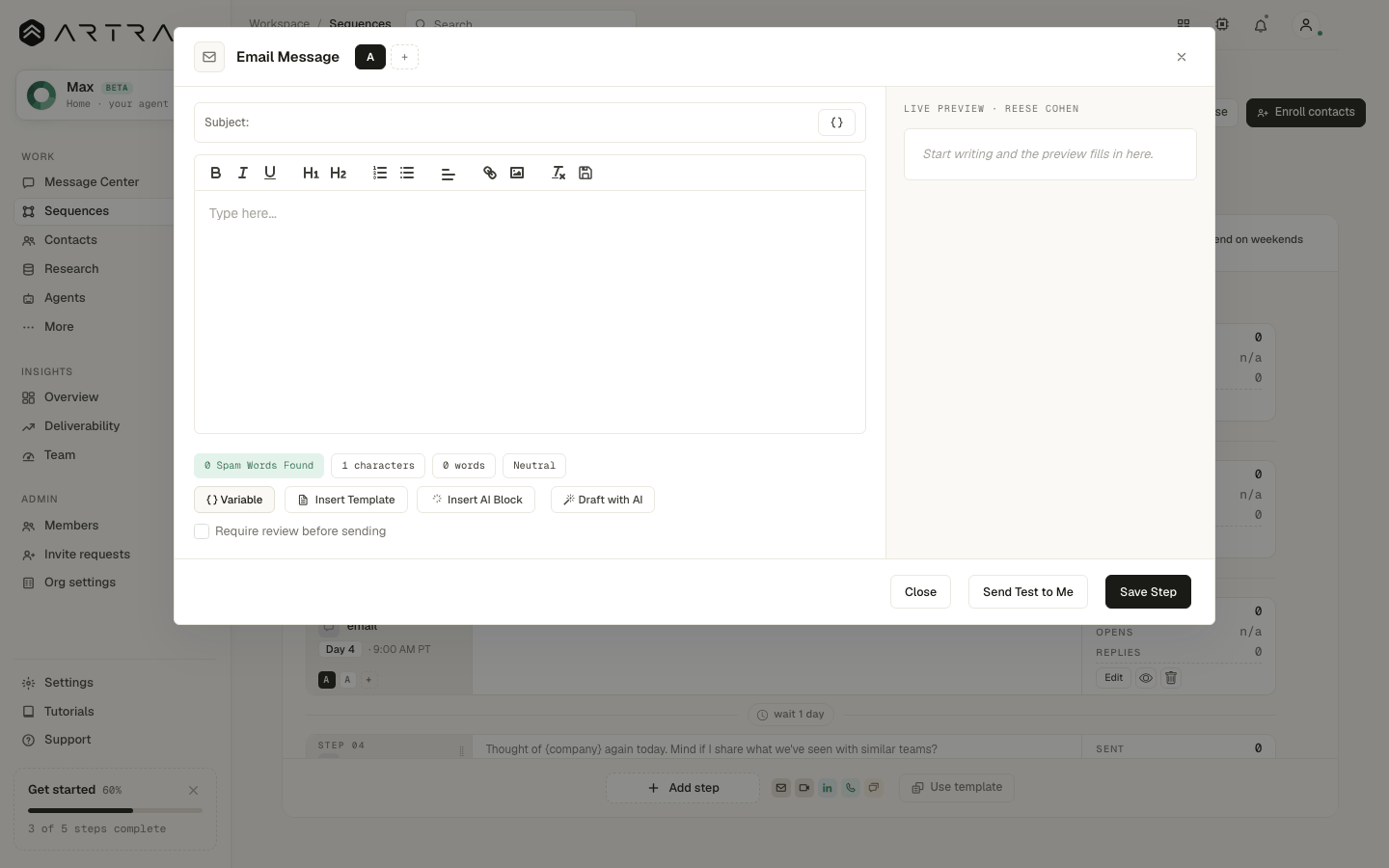 Step 5: Fields are grouped: basic fields, LinkedIn, social and posts, address, scheduling and your signature. Click one to insert it at the cursor.
